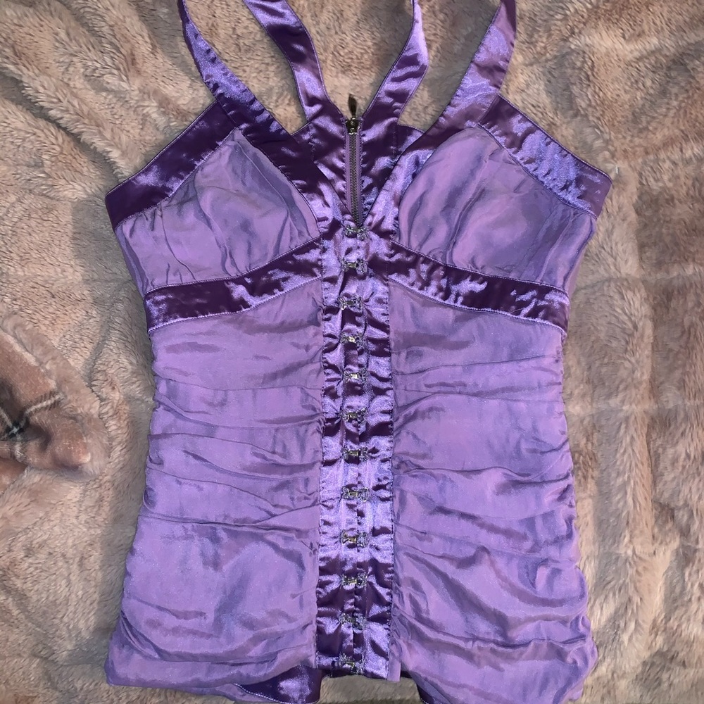 bebe Purple Satin Halter Bustier Top